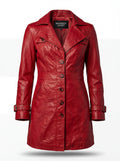 Women's red leather walker coat with button-front closure and notched lapels, Front View. The Soho by Maverick Jacket.