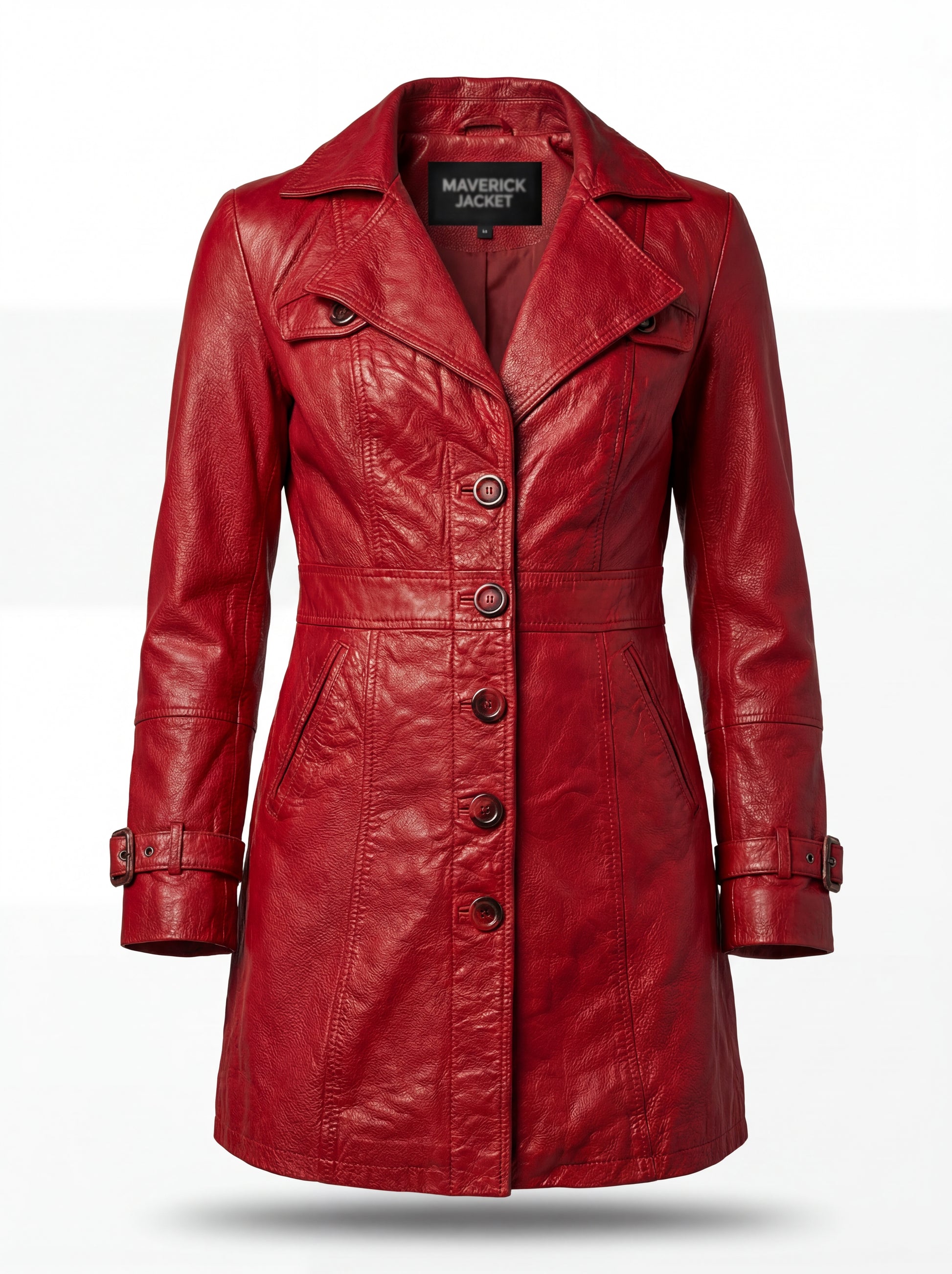 Women's red leather walker coat with button-front closure and notched lapels, Front View. The Soho by Maverick Jacket.