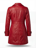 Rear view of red leather walker coat showing structured princess seams and clean vented hem. The Soho by Maverick Jacket.
