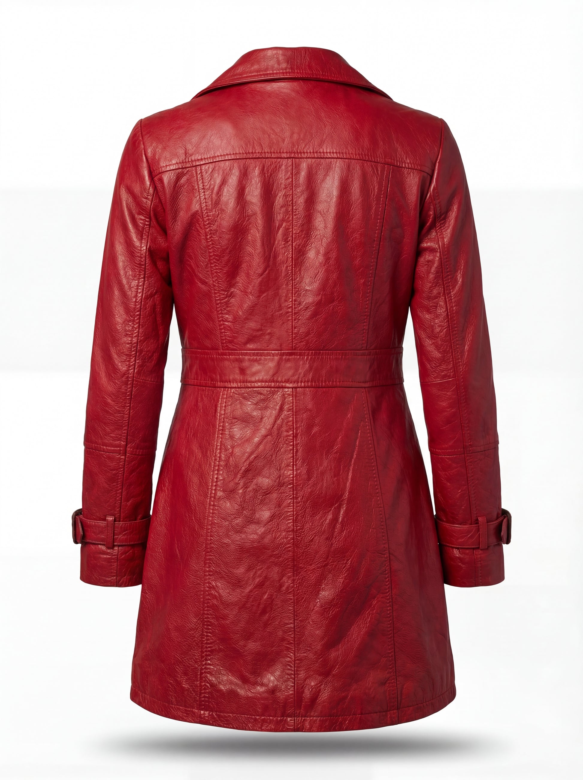 Rear view of red leather walker coat showing structured princess seams and clean vented hem. The Soho by Maverick Jacket.