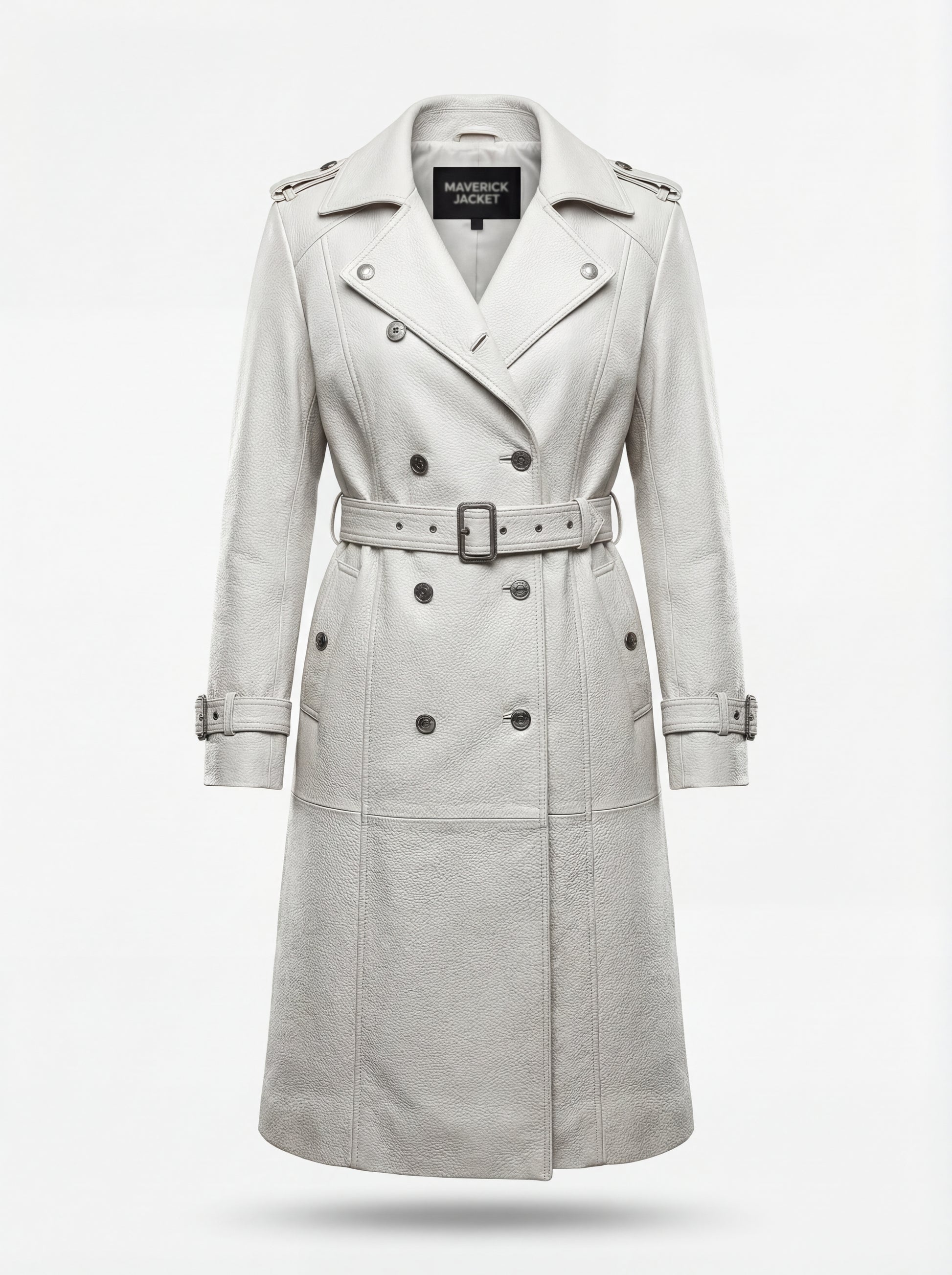 Women's white leather double-breasted trench coat with shoulder epaulettes and belted waist, Front View. Maverick Frost.