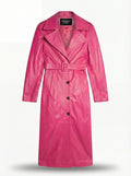 Women's pink leather double-breasted trench coat with matching waist belt and notched lapels, Front View. The Eira is Maverick Jacket.