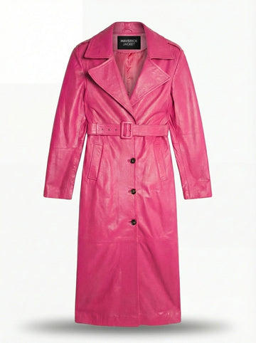 Women's pink leather double-breasted trench coat with matching waist belt and notched lapels, Front View. The Eira is Maverick Jacket.