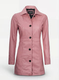 Women's pink leather walker coat with shirt-style collar and five-button front closure, Front View. Maverick Camden.