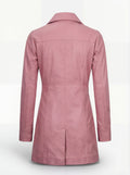 Rear view of pink leather walker coat showing vertical panel seams and center back vent. Maverick Camden.