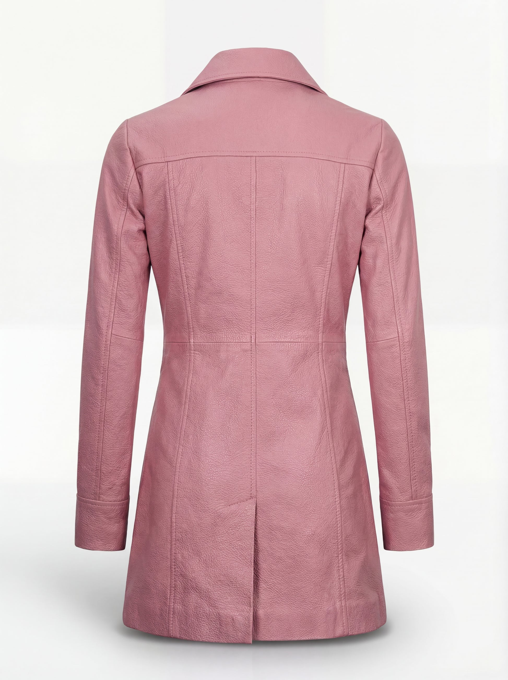 Rear view of pink leather walker coat showing vertical panel seams and center back vent. Maverick Camden.