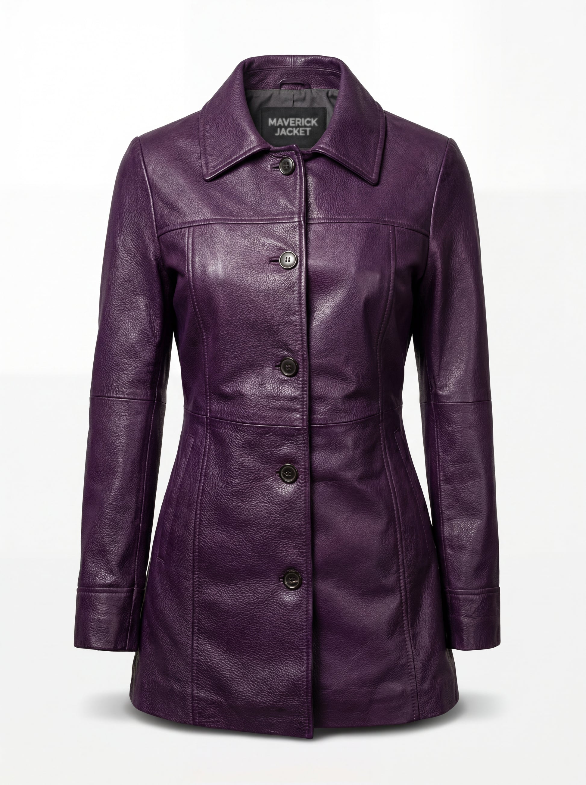 Women's purple leather walker coat with 5-button front closure and shirt-style collar, Front View. Maverick Helena.