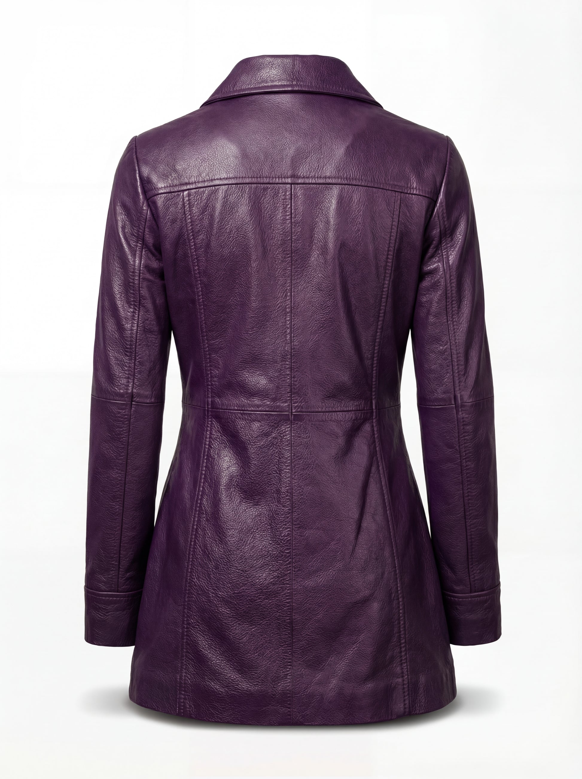Rear view of purple leather walker coat showing T-shaped yoke seam and vertical paneling. Maverick Helena.