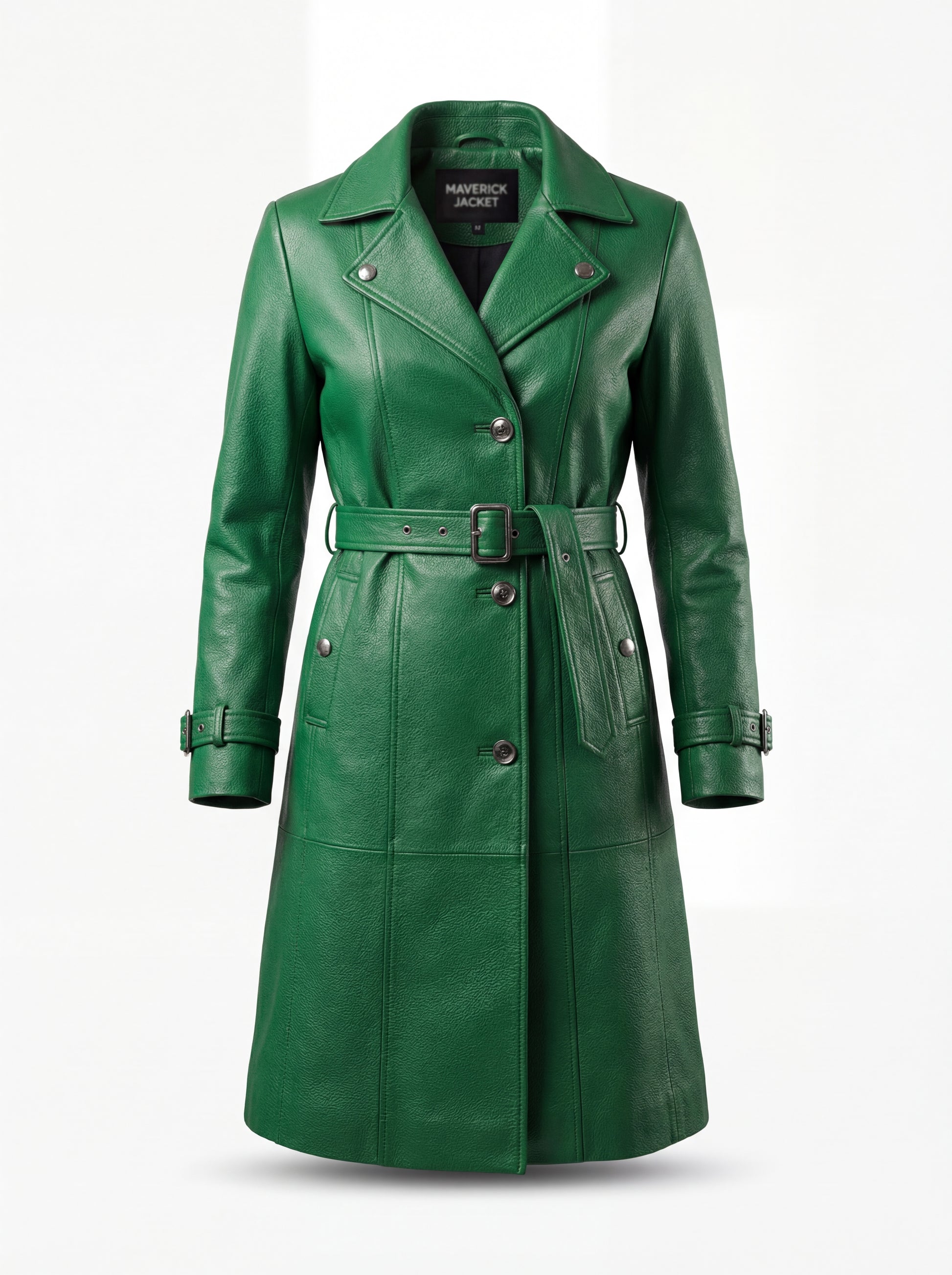 Women's green leather double-breasted trench coat with wide notch lapels and belted waist, Front View. The Aspen by Maverick Jacket.