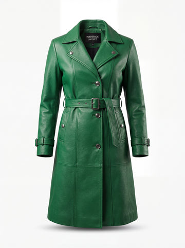 Women's green leather double-breasted trench coat with wide notch lapels and belted waist, Front View. The Aspen by Maverick Jacket.