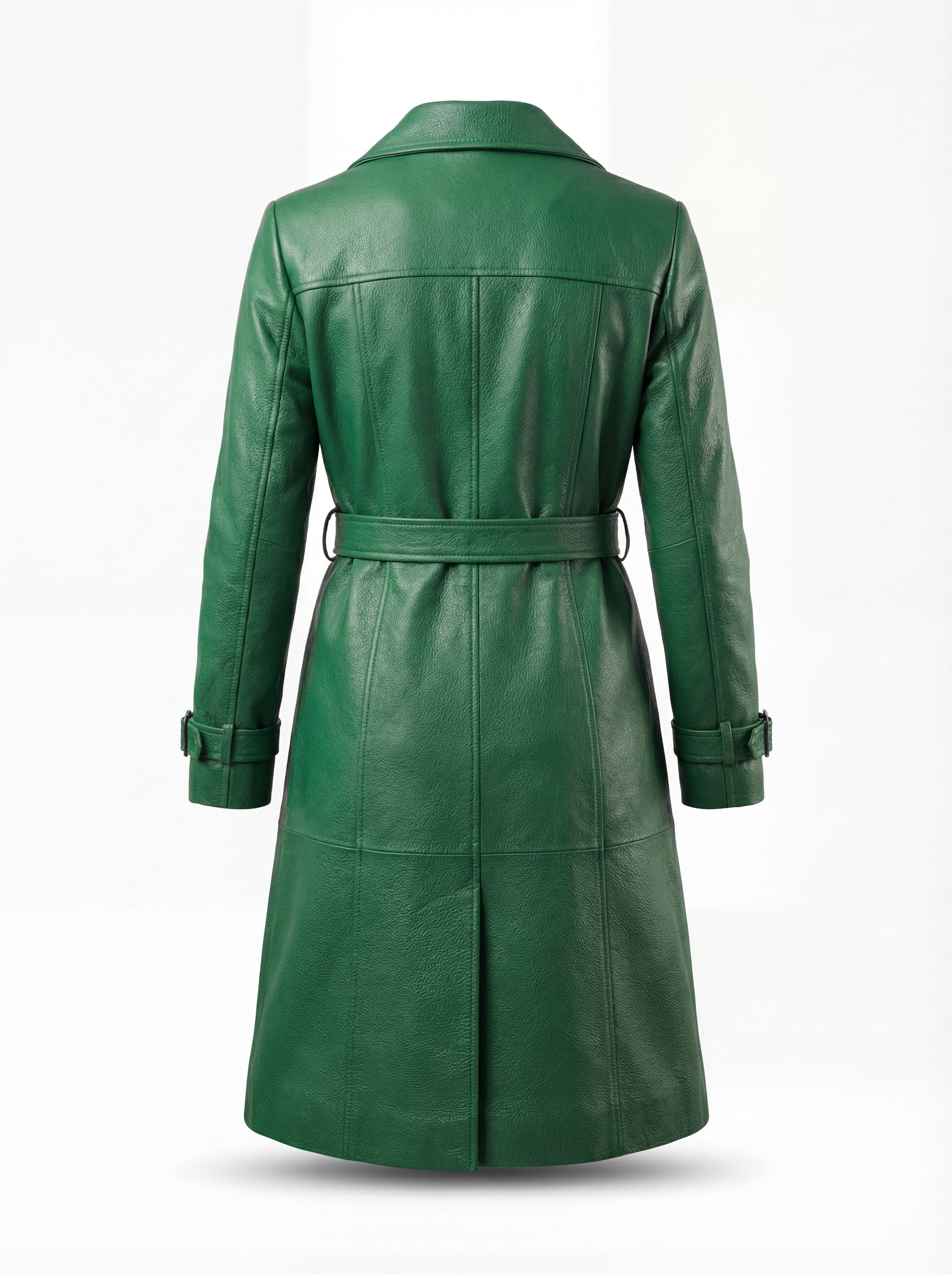 Rear view of green leather trench coat showing structured yoke paneling and vented hem. The Aspen by Maverick Jacket.