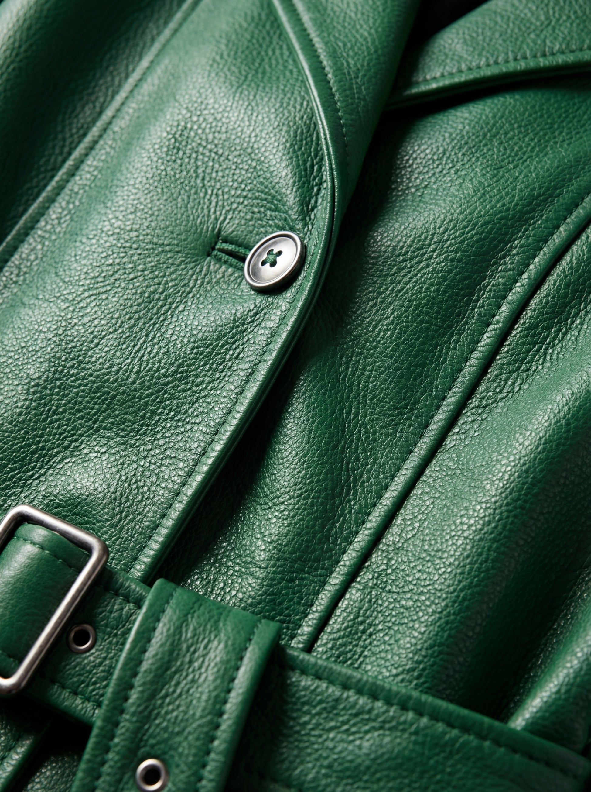 Macro shot of smooth green leather texture and matching waist belt buckle on trench coat. The Aspen by Maverick Jacket.
