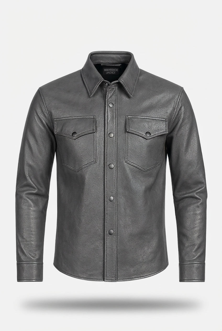 Men's grey leather western shirt with pointed western yokes and dual chest flap pockets, Front View. The Grayson by Maverick Grayson.