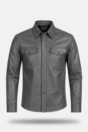 Men's grey leather western shirt with pointed western yokes and dual chest flap pockets, Front View. The Grayson by Maverick Grayson.