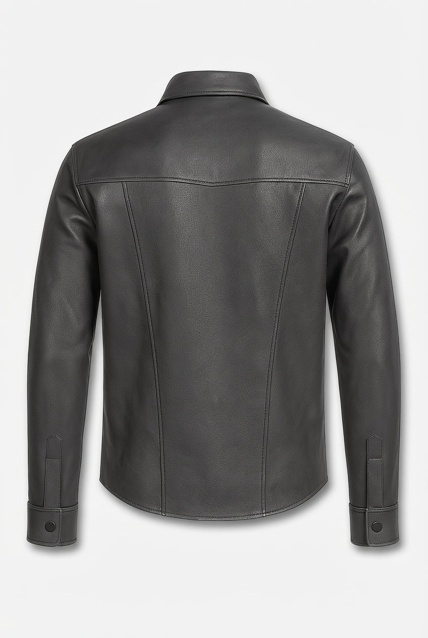 Men's grey leather western shirt with pointed western yokes and dual chest flap pockets, Front View. The Grayson by Maverick Grayson.