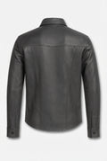 Rear view of grey leather western shirt showing pointed western back yoke and vertical center seam. The Grayson by Maverick Grayson.