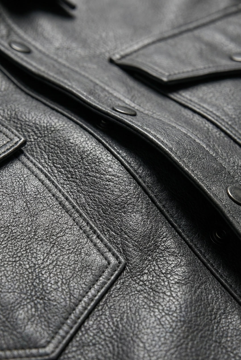 Macro shot of grained grey leather texture and silver snap button detail on western shirt. The Grayson by Maverick Grayson.