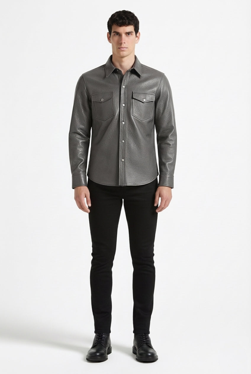 Male model wearing Maverick Grayson grey leather western shirt, regular fit, styled with black jeans. Maverick Jacket.