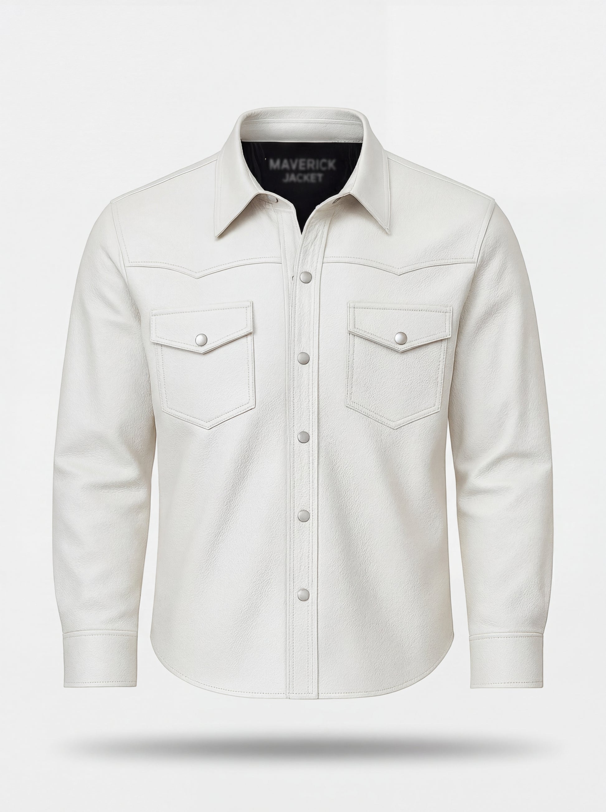 Men's off-white leather western shirt with pointed western yoke and dual chest flap pockets, Front View. The Tiernan by Maverick Jacket.