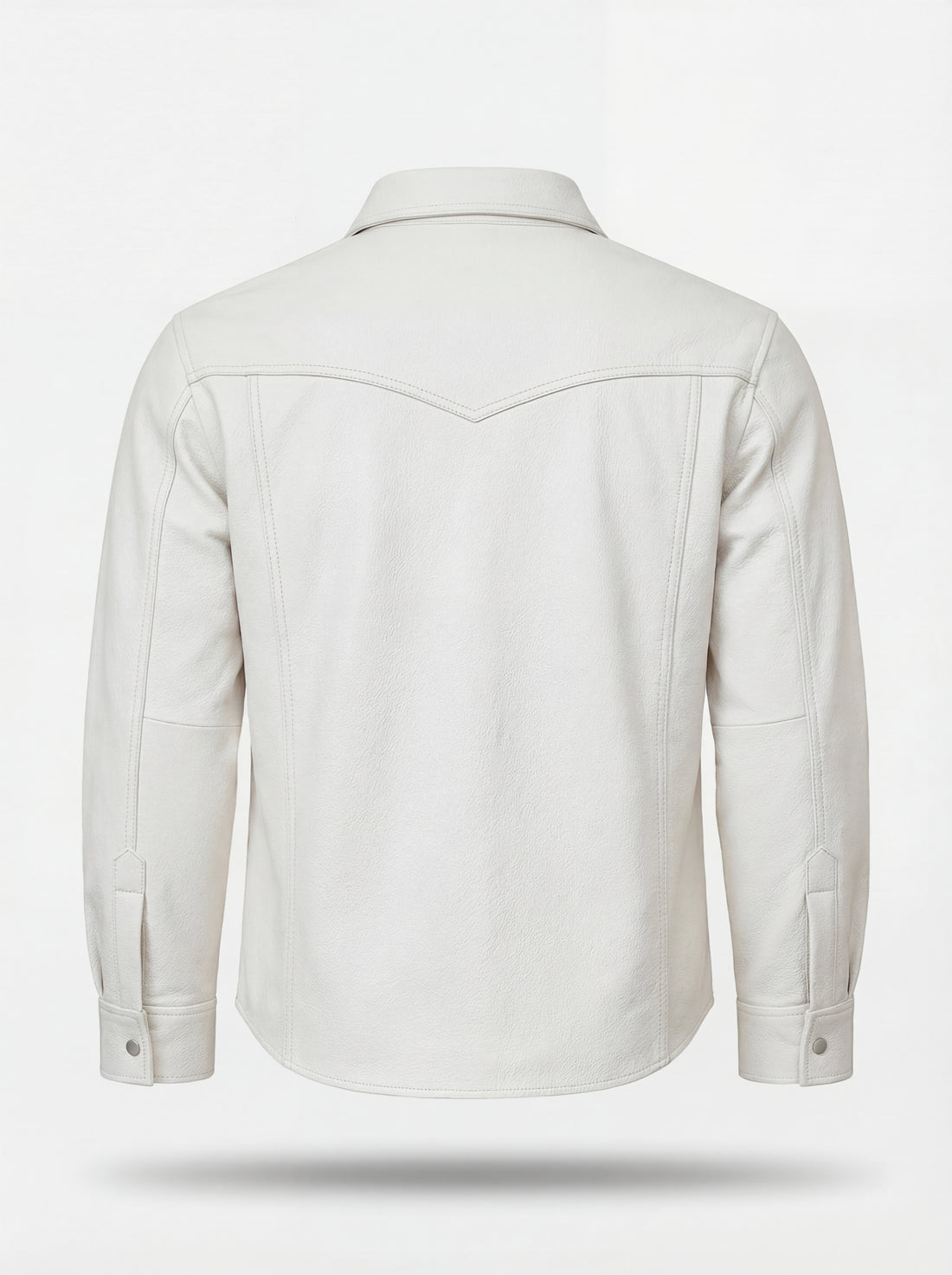 Men's off-white leather western shirt with pointed western yoke and dual chest flap pockets, Front View. The Tiernan by Maverick Jacket.