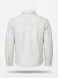 Rear view of off-white leather western shirt showing pointed western back yoke and center seam. The Tiernan by Maverick Jacket.