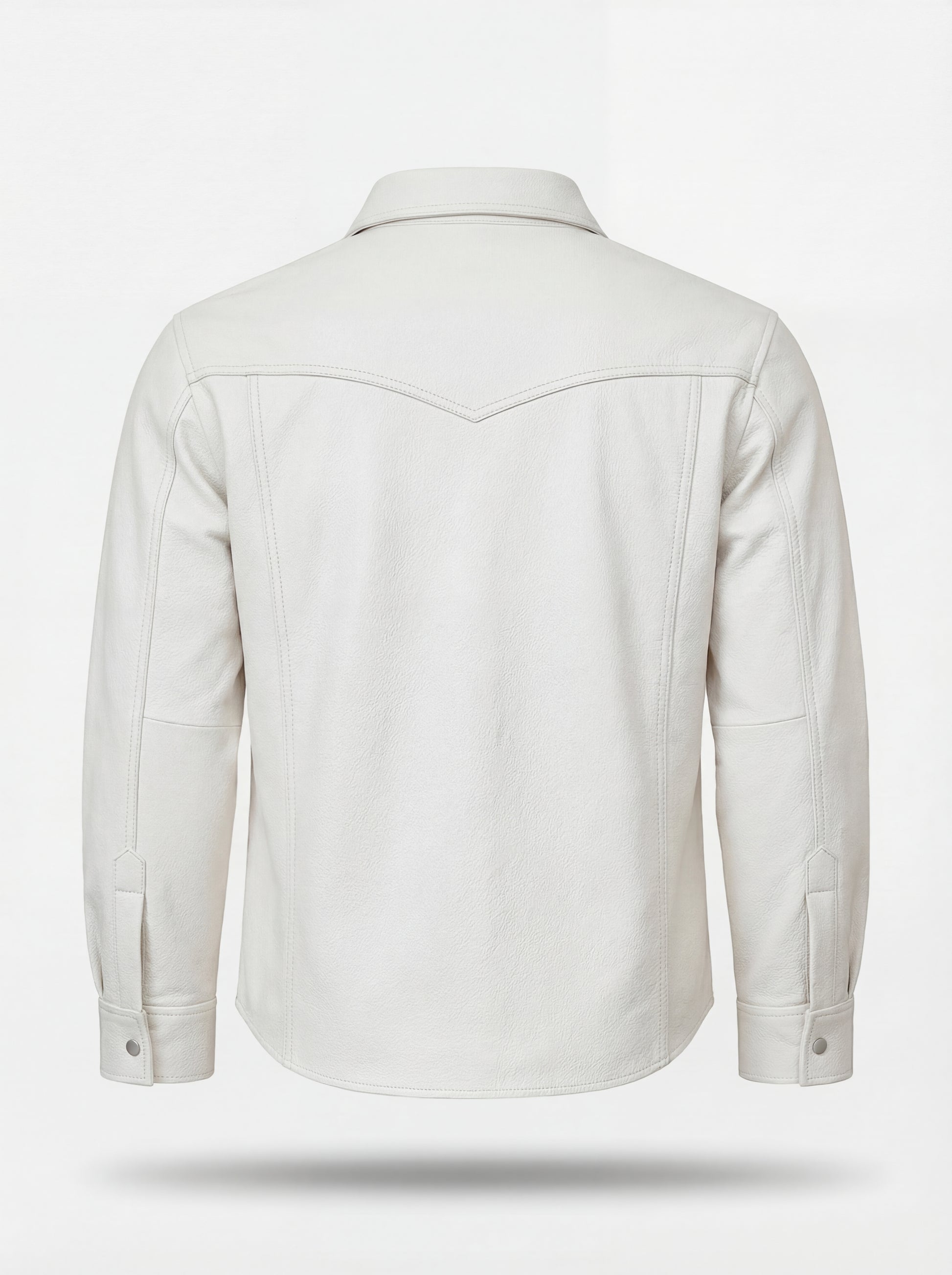 Rear view of off-white leather western shirt showing pointed western back yoke and center seam. The Tiernan by Maverick Jacket.