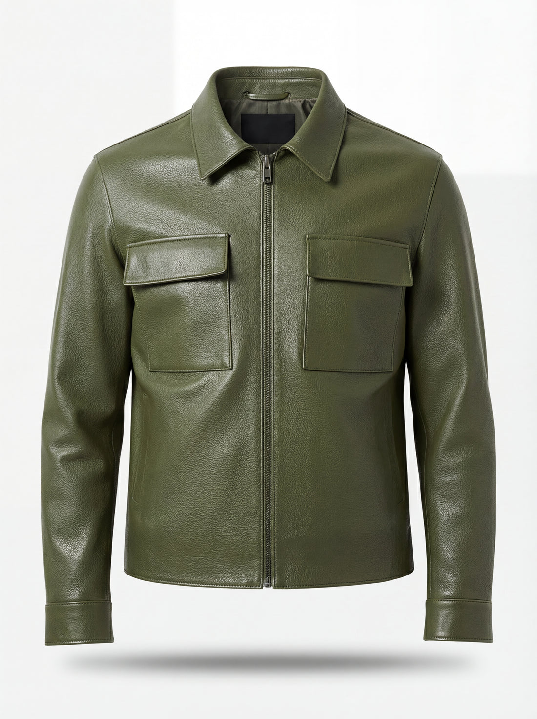 Men's olive green leather zip shirt with dual chest flap pockets and pointed collar, Front View. The Killian by Maverick Jacket.