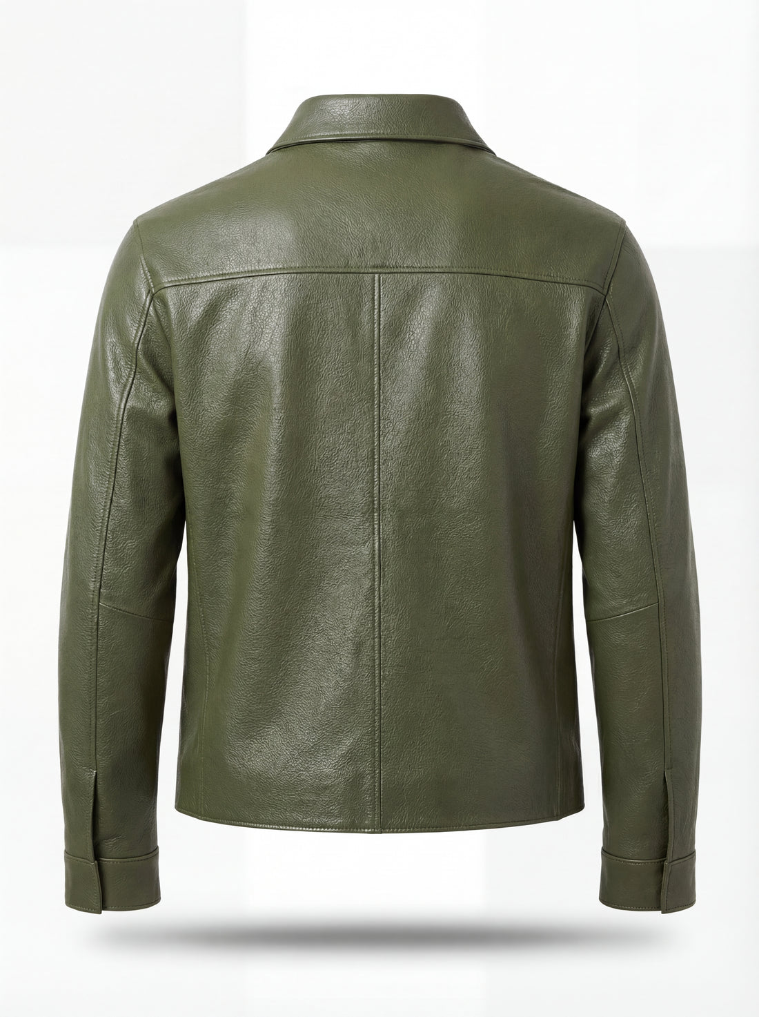 Men's olive green leather zip shirt with dual chest flap pockets and pointed collar, Front View. The Killian by Maverick Jacket.