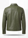 Rear view of olive green leather zip shirt showing vertical center seam and horizontal yoke paneling. The Killian by Maverick Jacket.