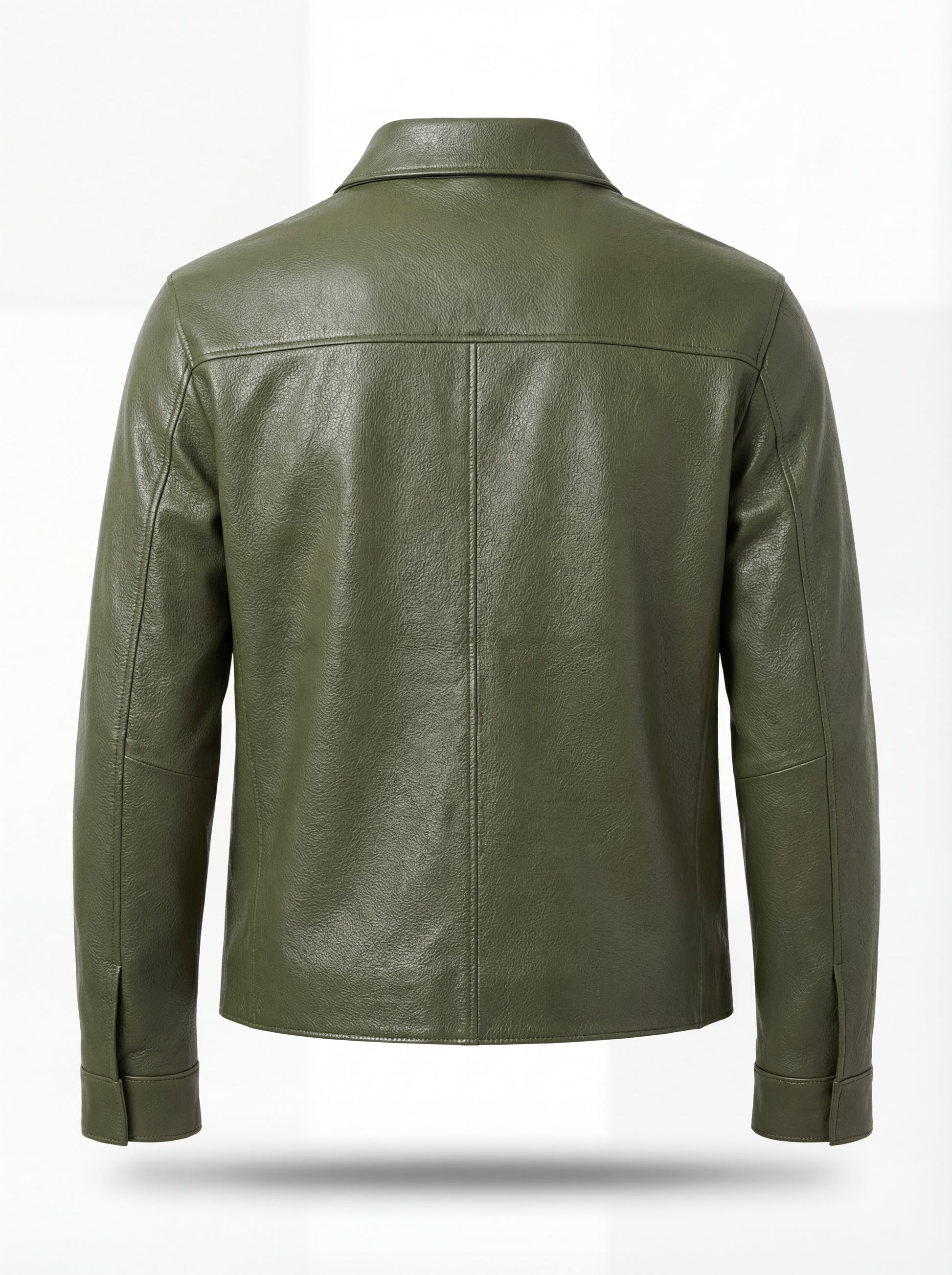 Rear view of olive green leather zip shirt showing vertical center seam and horizontal yoke paneling. The Killian by Maverick Jacket.
