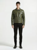 Male model wearing Maverick Killian leather zip shirt, regular fit, styled with black skinny jeans. Maverick Jacket.