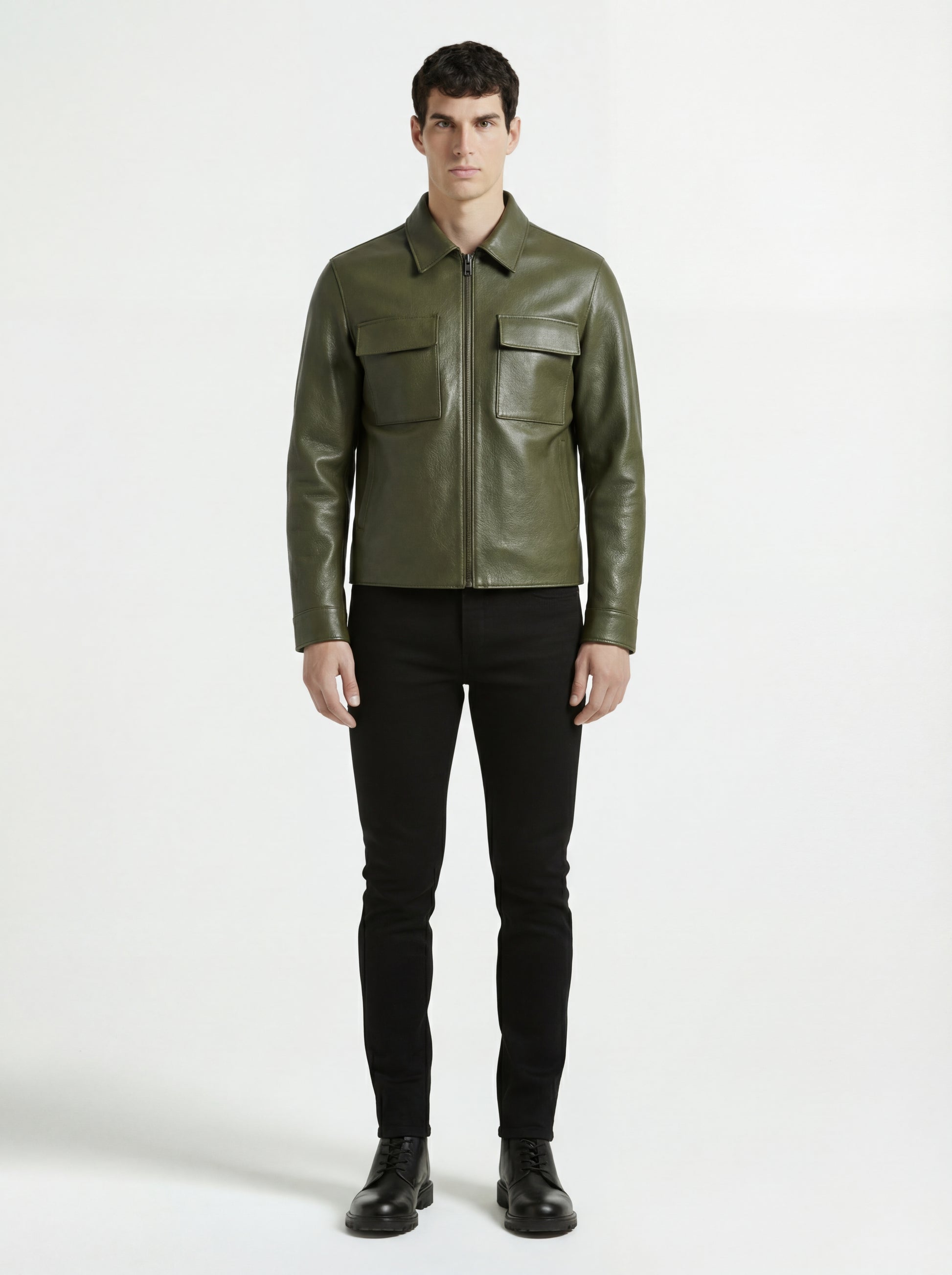 Male model wearing Maverick Killian leather zip shirt, regular fit, styled with black skinny jeans. Maverick Jacket.