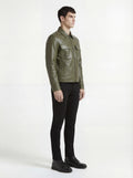 Side profile of Maverick Killian leather zip shirt showing full sleeve structure and clean torso silhouette. Maverick Jacket.