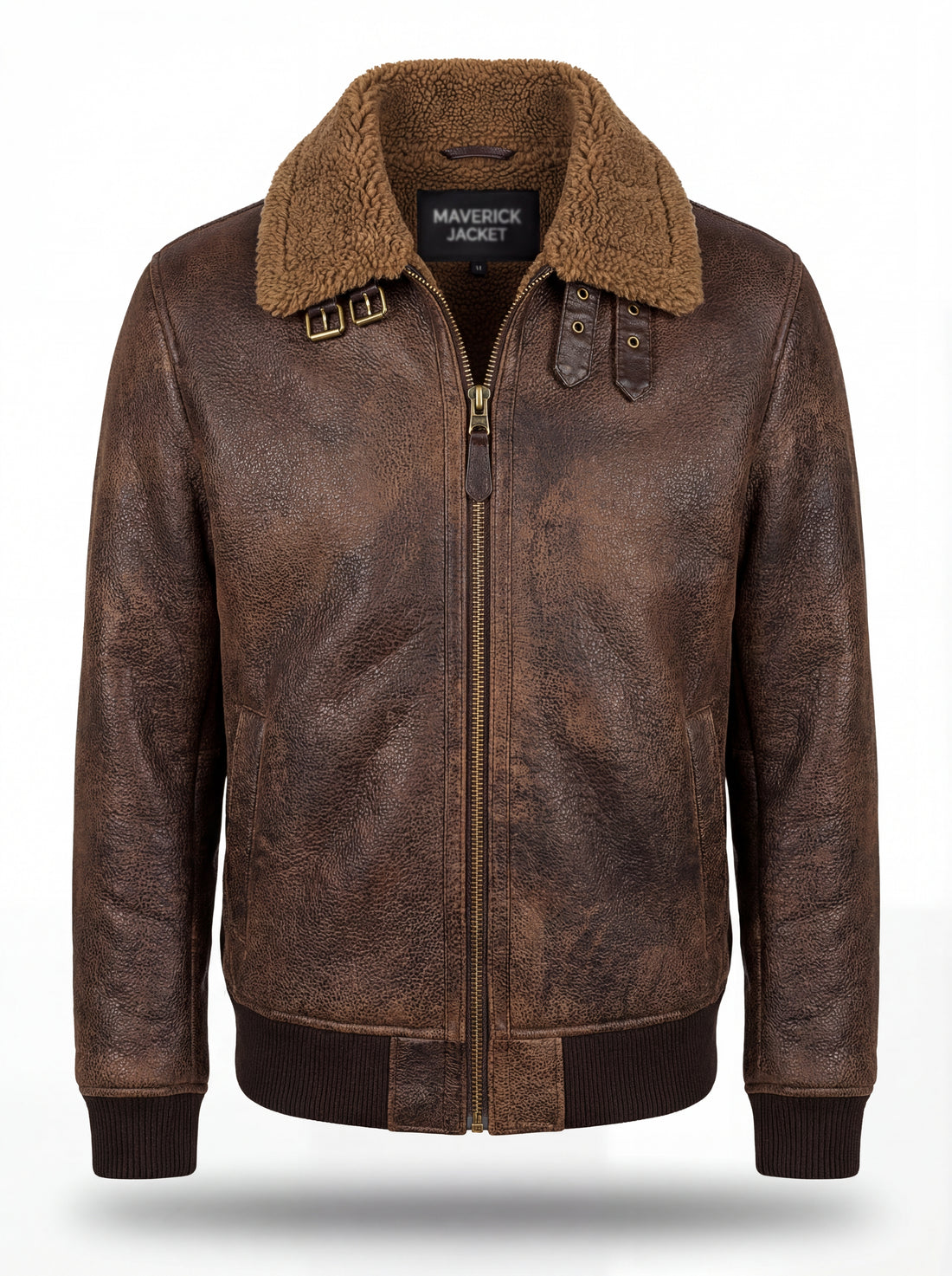 Men's Brown Leather Shearling Jacket with double buckle throat straps and slanted zipper pockets, Front View. The Declan by Maverick Jacket.