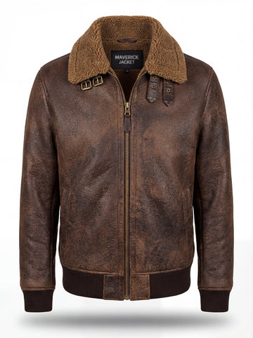Men's Brown Leather Shearling Jacket with double buckle throat straps and slanted zipper pockets, Front View. The Declan by Maverick Jacket.