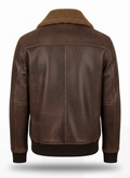 Rear view of Brown Leather Shearling Jacket showing vertical center seam and side waist adjusters. The Declan by Maverick Jacket.