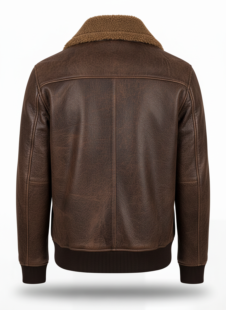 Rear view of Brown Leather Shearling Jacket showing vertical center seam and side waist adjusters. The Declan by Maverick Jacket.