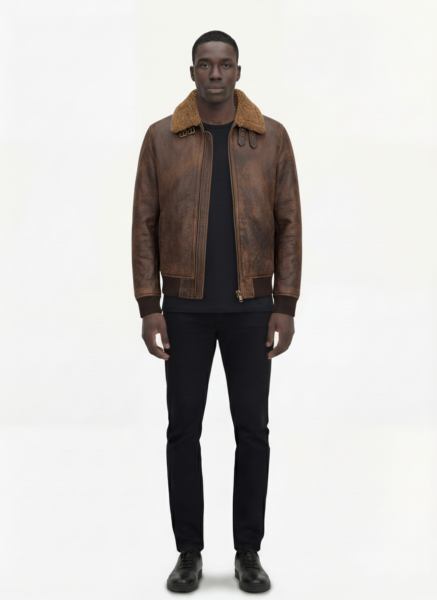 Male model wearing Maverick Declan shearling jacket, regular fit, styled with black slim-fit jeans and black leather shoes. Maverick Jacket.