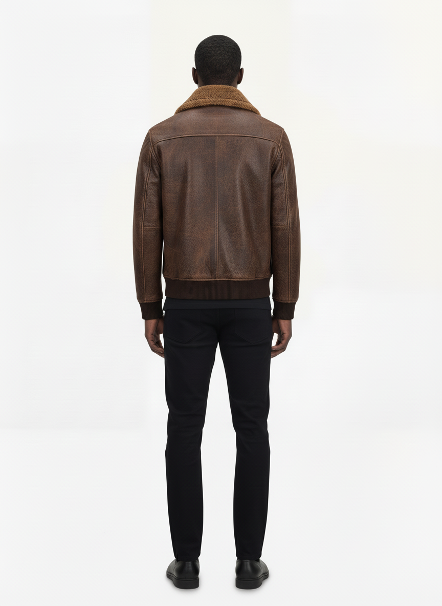 Rear view of male model wearing Maverick Declan shearling jacket showing broad shoulder fit and shearling-trimmed hem. Maverick Jacket.