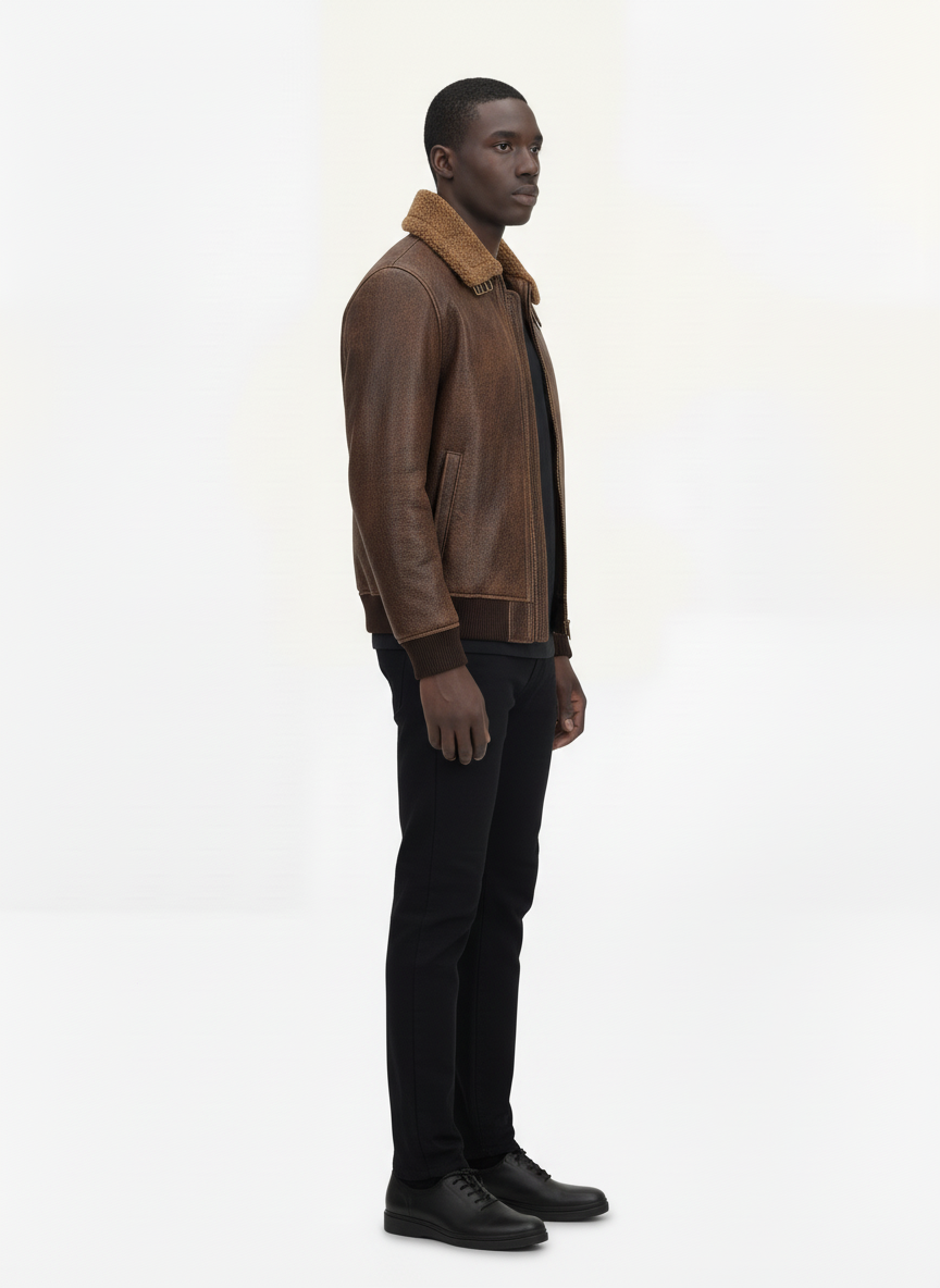 Side profile of Maverick Declan shearling jacket showing adjustable cuff strap and straight silhouette. Maverick Jacket.