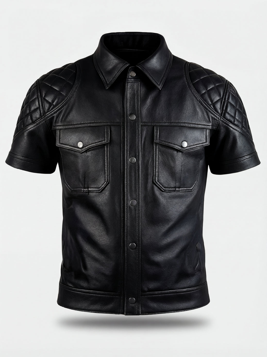 Men's black leather short-sleeve shirt with diamond quilted shoulder panels and chest flap pockets, Front View. The Mason by Maverick Jacket.
