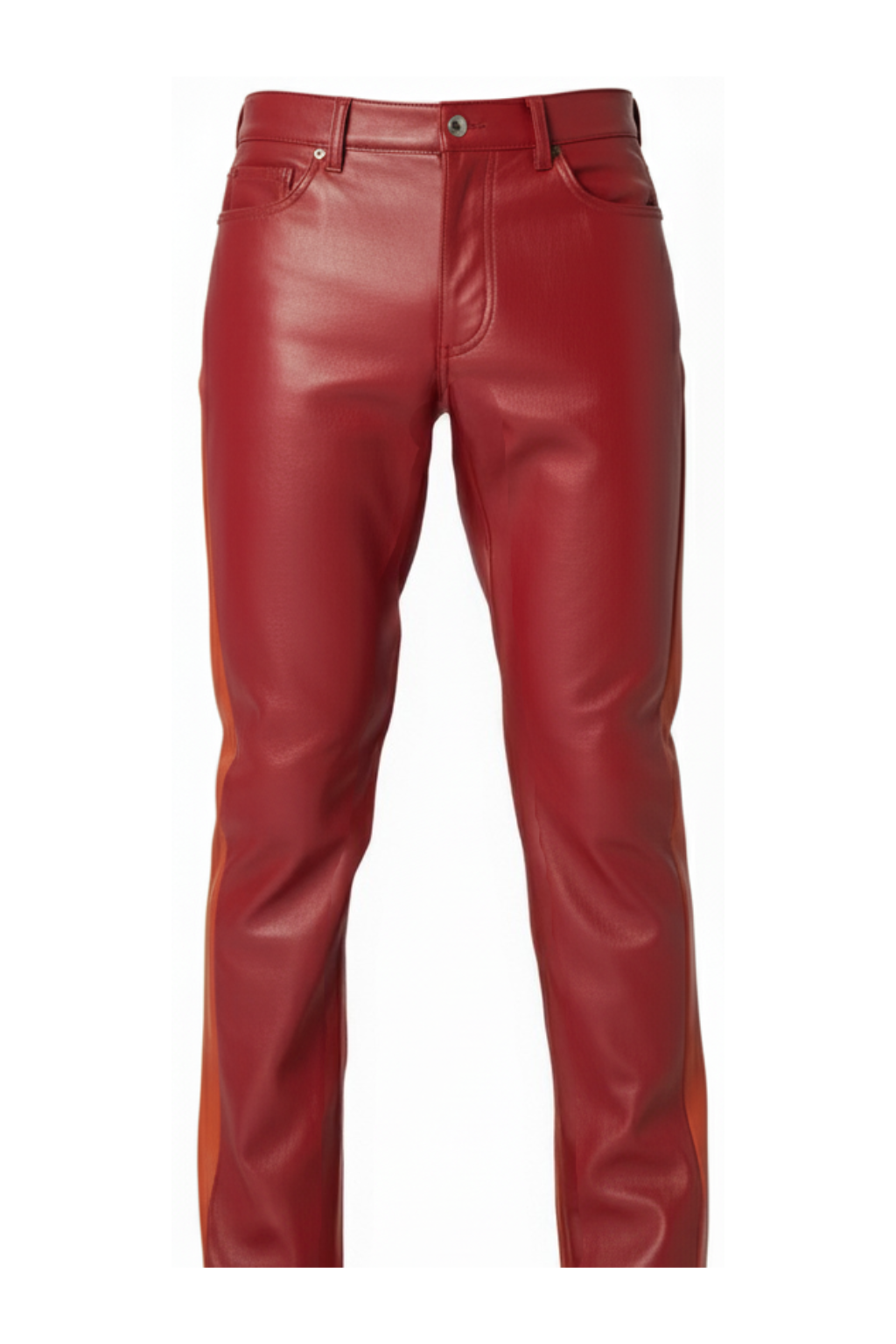 Men's red two-tone leather racing pants with contrasting orange side stripes and five-pocket styling, Front View. The Jagger by Maverick Jacket.