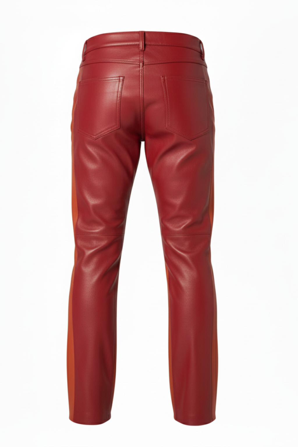 Men's red two-tone leather racing pants with contrasting orange side stripes and five-pocket styling, Front View. The Jagger by Maverick Jacket.