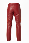 Rear view of red two-tone leather racing pants showing rear patch pockets and vertical side paneling. The Jagger by Maverick Jacket.