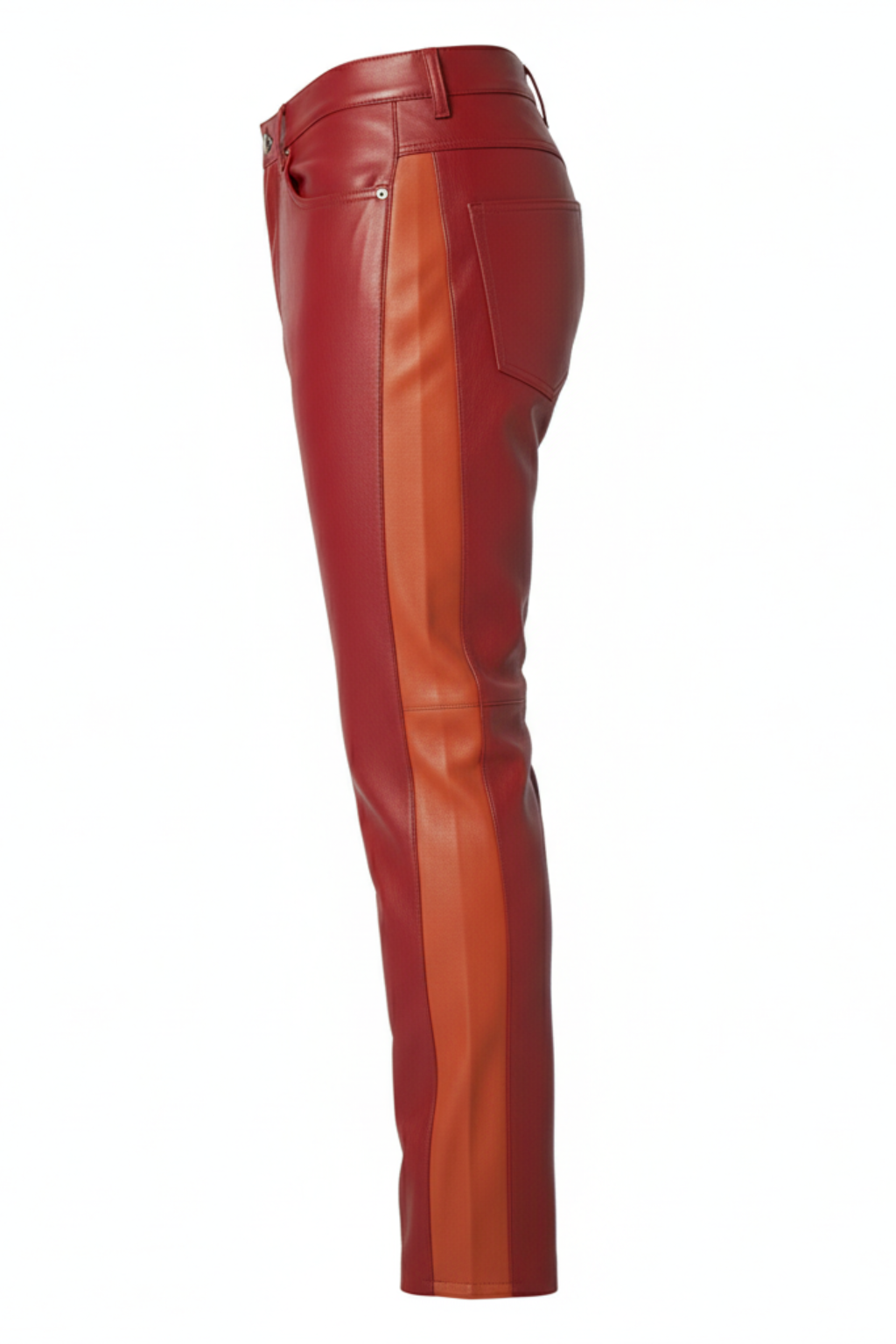 Side profile of Maverick Jagger two-tone leather racing pants showing contrasting side stripe and straight silhouette. The Jagger by Maverick Jacket.