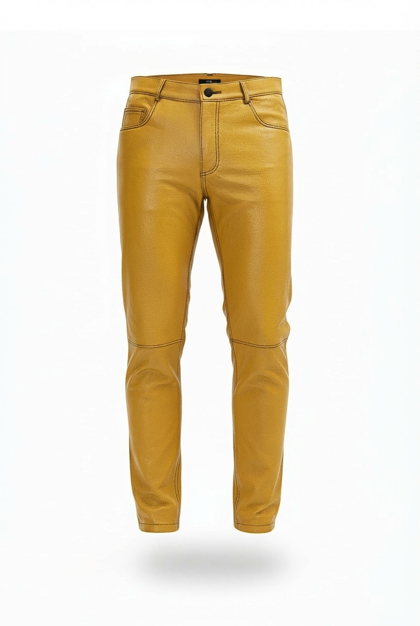 Men's yellow leather trousers with horizontal knee seams and five-pocket styling, Front View. The Huxley by Maverick Jacket.