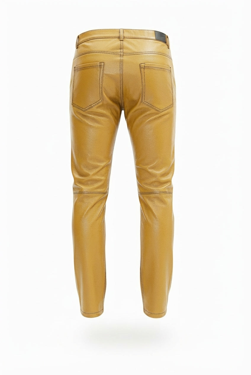 Men's yellow leather trousers with horizontal knee seams and five-pocket styling, Front View. The Huxley by Maverick Jacket.
