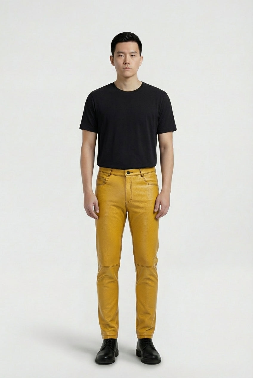 Male model wearing Maverick Huxley leather trousers, slim fit, styled with black crewneck t-shirt. Maverick Jacket.