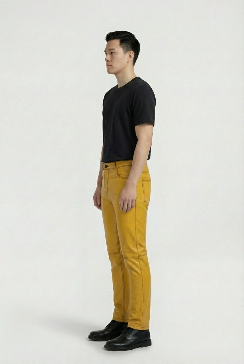 Side profile of Maverick Huxley leather trousers showing knee articulation seam and straight silhouette. Maverick Jacket.