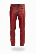 Men's distressed red leather pants with contrast dark stitching and horizontal knee seams, Front View. The Knox by Maverick Jacket.